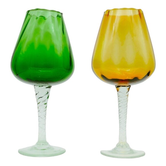 VTG Empoli 2 Optical Glass 10" Tall Snifters Green Amber Twisted Stem . Mint! - Picture 1 of 7